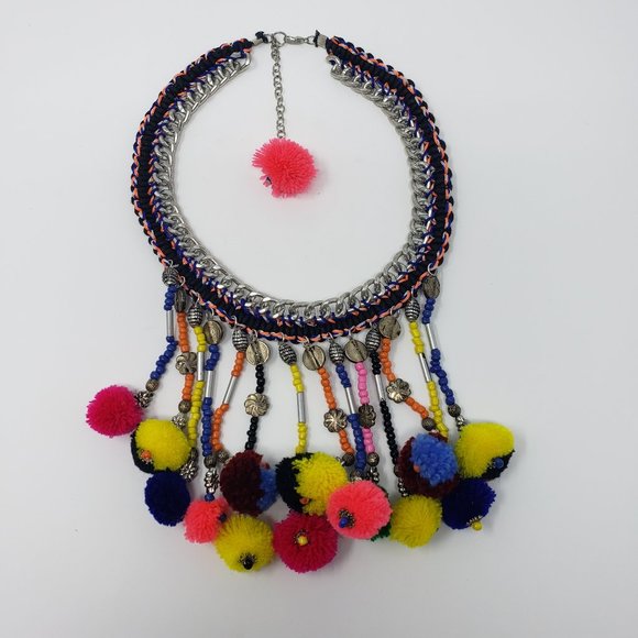 Silver Tone Multi Color Pom Pom Tassel Necklace - Picture 2 of 6